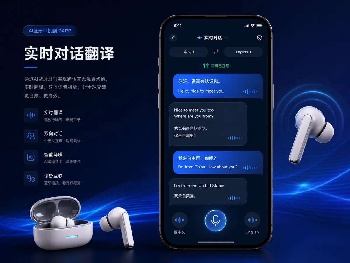 AI蓝牙耳机实时对话翻译功能概念界面
