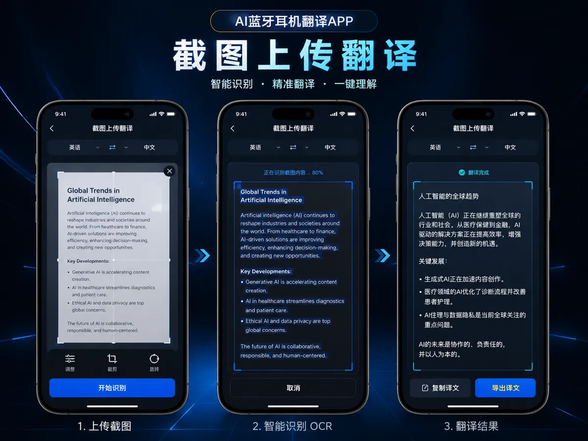 AI蓝牙耳机截图上传识别翻译功能概念界面
